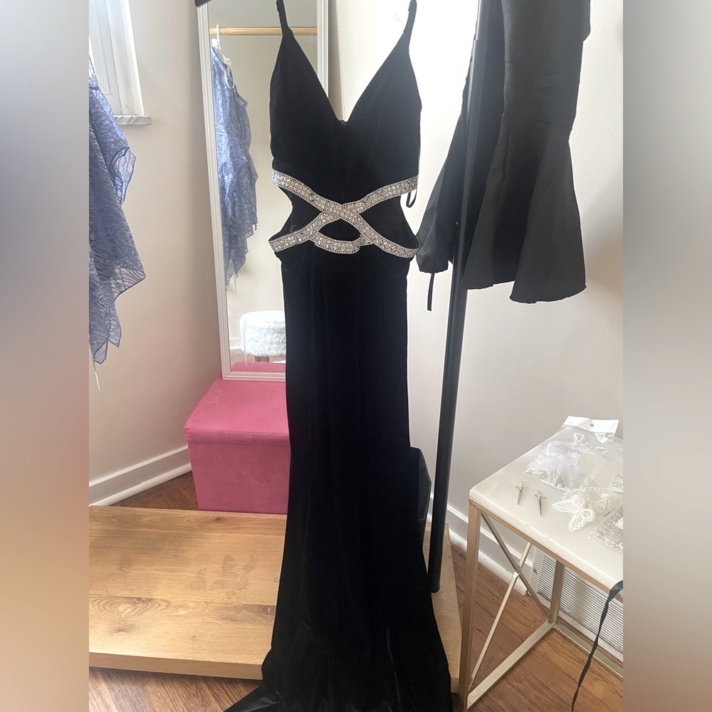 Black velvet floor length gown with gorgeous crystal detailing!